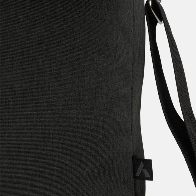 A black messenger bag with a textured surface, featuring an adjustable strap and a logo on the side.