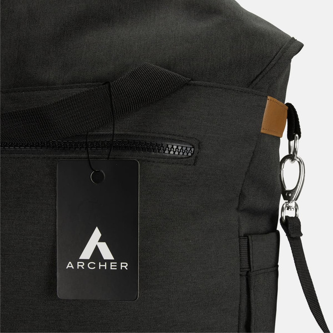A dark grey messenger bag featuring a zippered pocket, a clip attachment, and a logo.