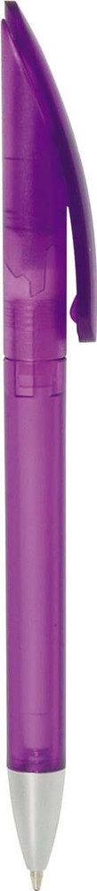 A purple frosted twist-action plastic pen, featuring a clip and a white point. It has a logo on the barrel.