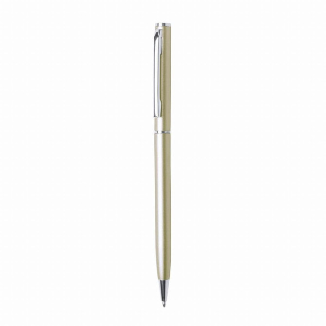 A glossy aluminium twist-action pen in a light gold colour with silver accents and a clip.