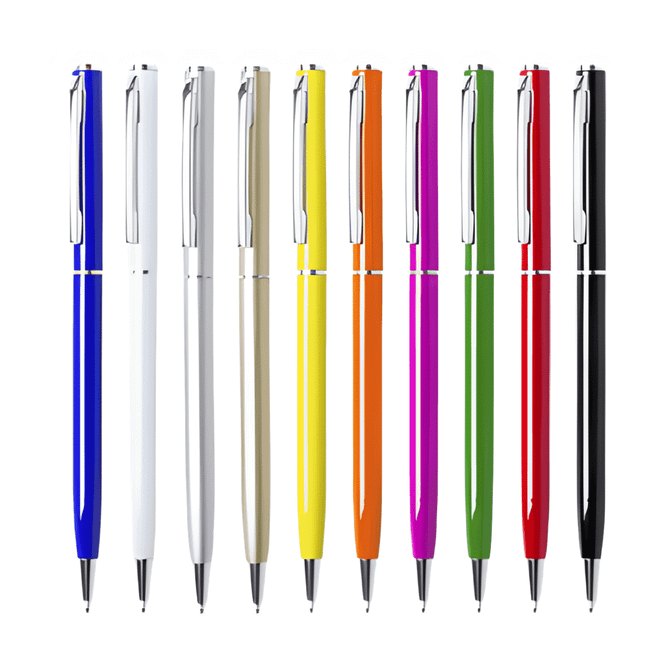 A display of LUXOR glossy aluminium twist-action pens in various colours including blue, white, yellow, and black.