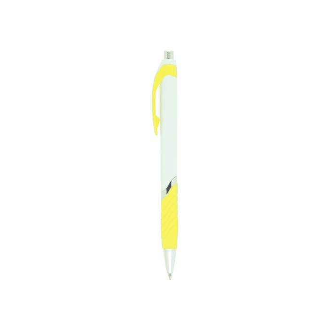A push-action ballpoint pen with a white body and yellow rubber grip, featuring a clip and a branding logo.