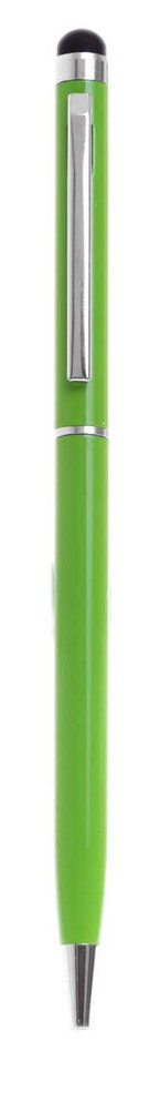 A green slimline metal twist-action stylus pen with a silver clip and a black stylus tip.