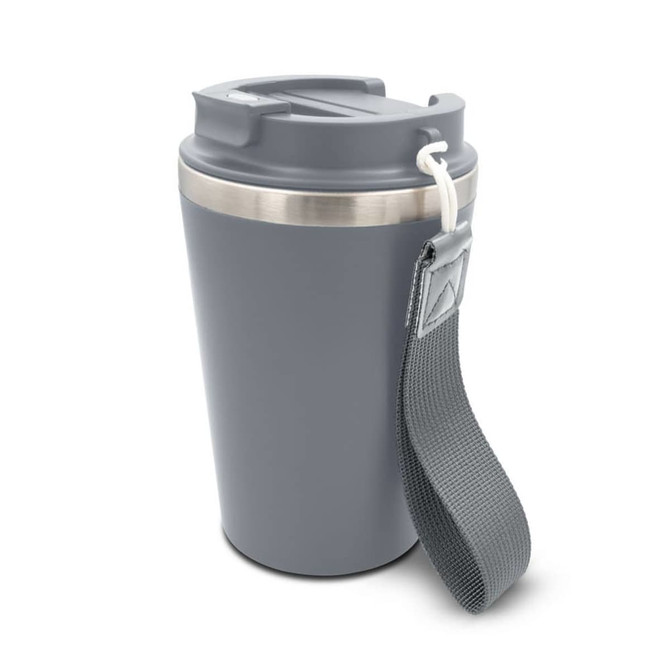 A drink bottle in grey with a stainless steel rim and a fabric strap for easy carrying. It features a logo.