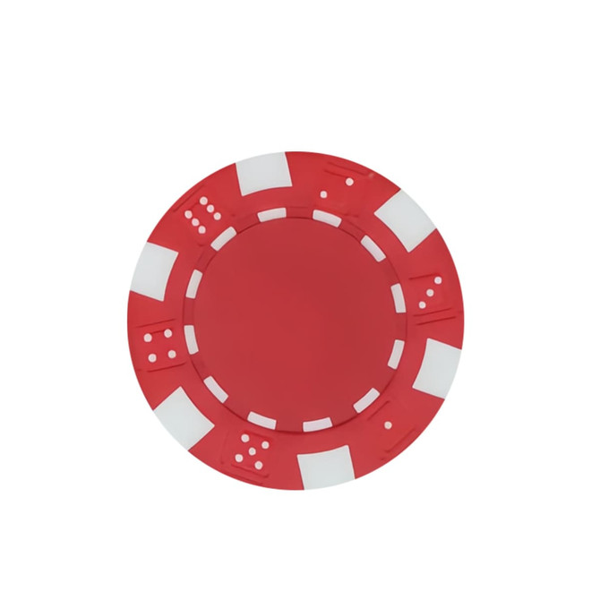 A round red poker chip with white accents and a logo in the centre.