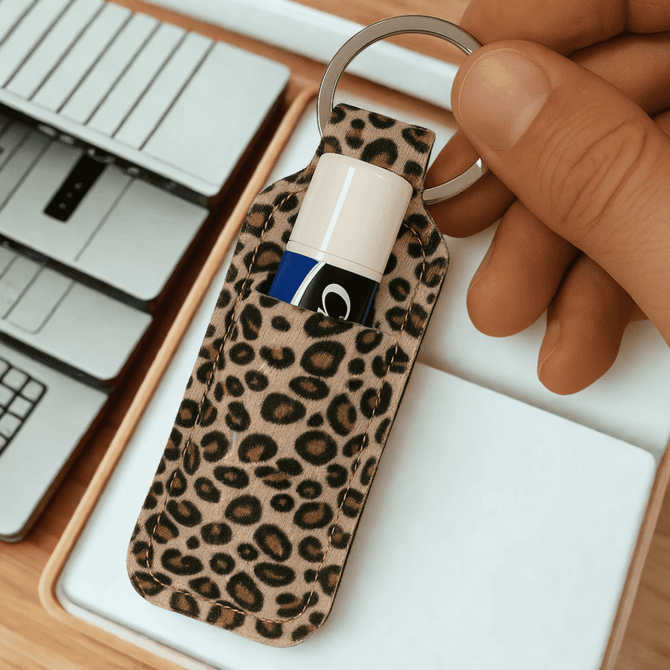 A leopard-print neoprene keychain featuring a small pocket for holding a lip balm, with a metal keyring attachment.