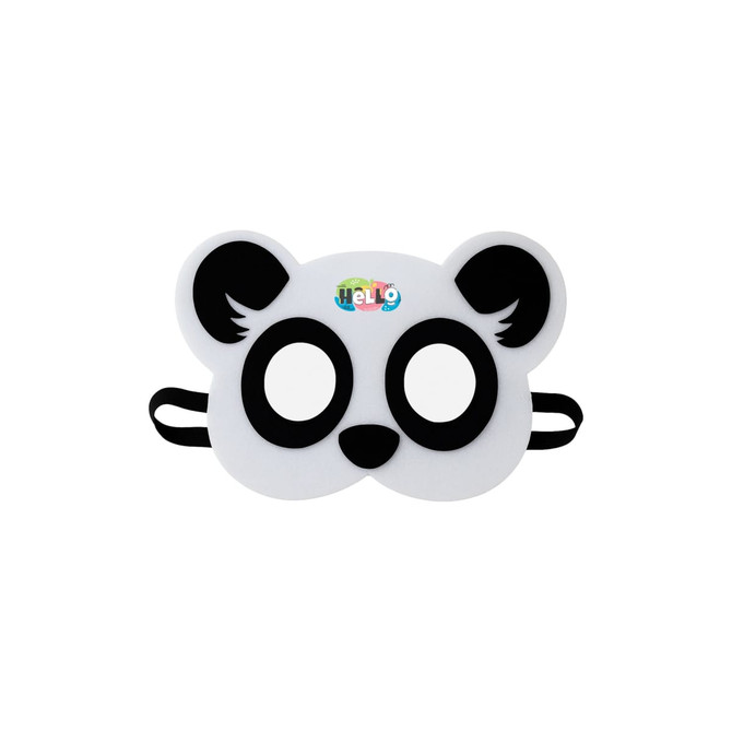 A panda-themed felt mask in black and white, featuring two eye holes and an elastic strap for wearing.