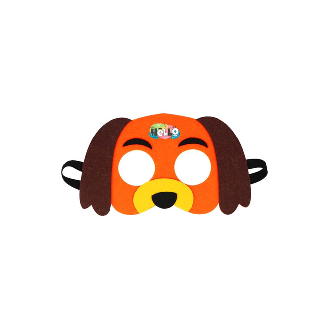 A dog-shaped felt mask in orange, brown, and yellow with cut-out eye holes and an attached elastic band.