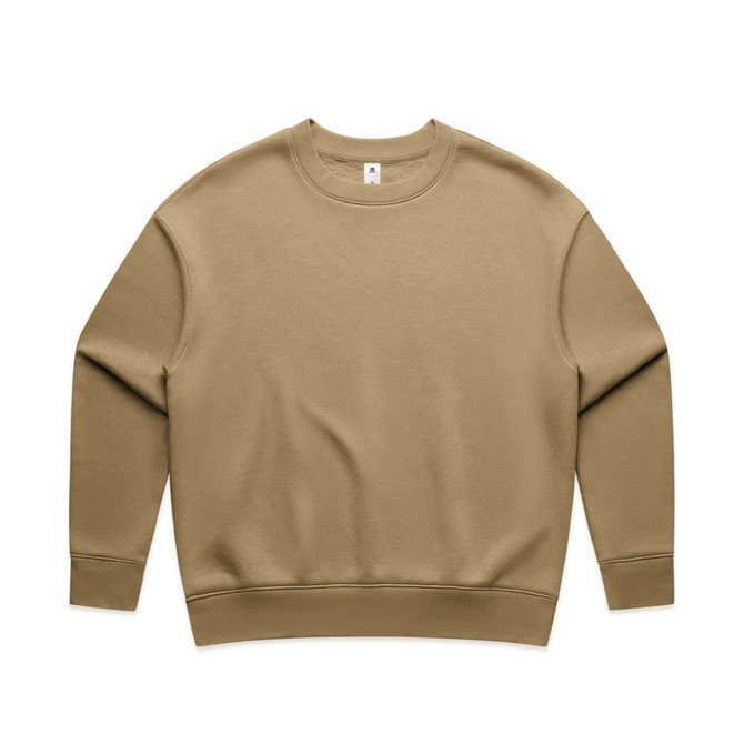 A tan crew jumper with a relaxed fit and a logo on the front.