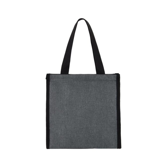 A grey cooler bag with black handles, featuring a simple design and a logo.