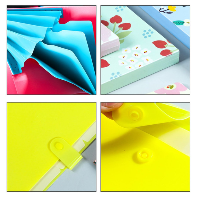 Expandable file folders in blue, pink, and yellow, featuring various designs and closure mechanisms. Includes a logo.