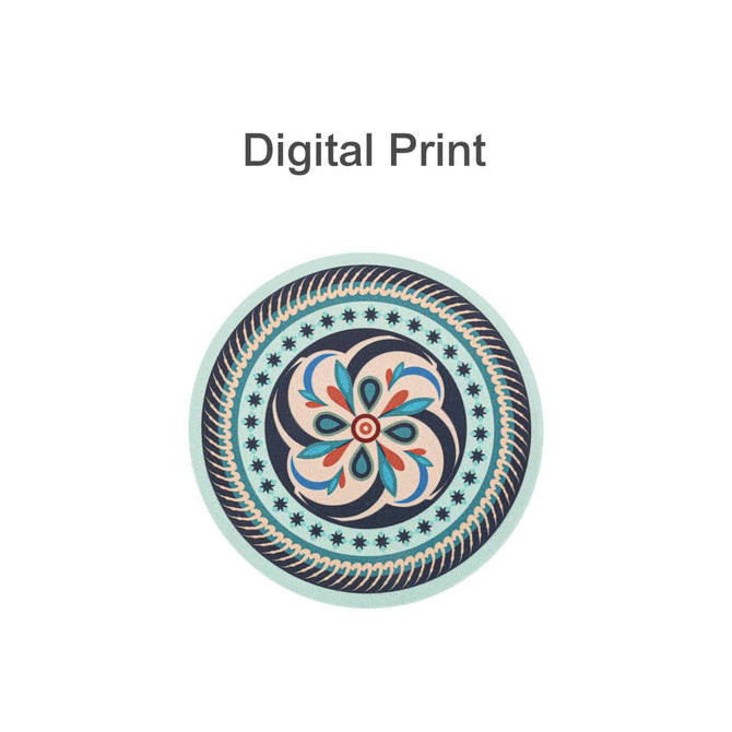 A round trivet featuring a vibrant digital print in shades of blue, pink, and cream. It has a decorative floral design.