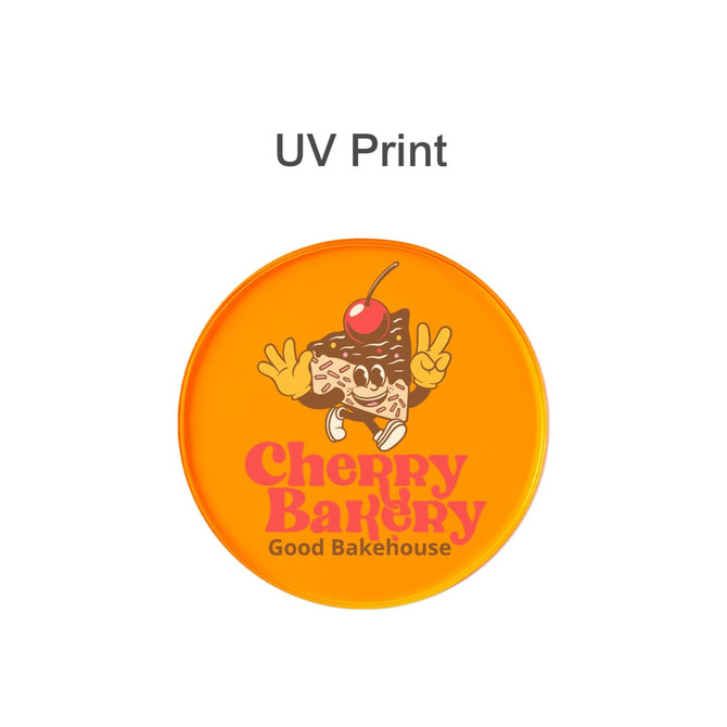 A round, orange coaster featuring a cartoon character with a cherry on top and the text "Cherry Bakery" and "Good Bakehouse."