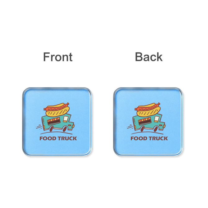 A blue acrylic coaster with a food truck illustration on the front and a plain back, featuring a logo.