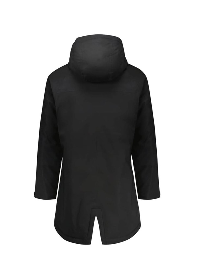 A black unisex sphere jacket featuring a hood and a back vent design, with a discreet logo on the fabric.