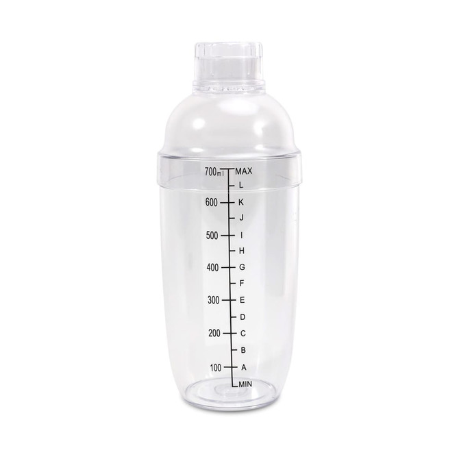 A drink bottle featuring a clear design, shaker top, and measurement markings along the side. It includes a filter top and has a logo.