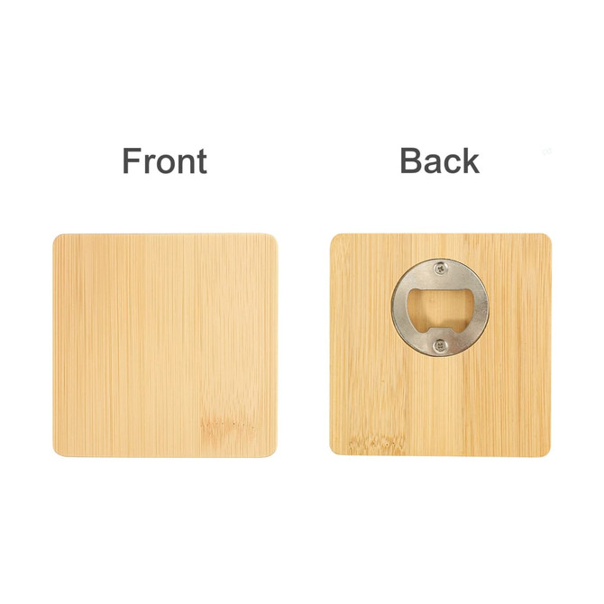 A square bamboo coaster features a bottle opener on the back. The front is smooth and plain, showcasing the bamboo colour.