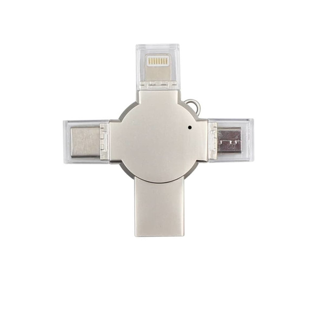 A silver 3-in-1 USB flash drive with connectors for various devices. It has a transparent casing and a keychain loop.