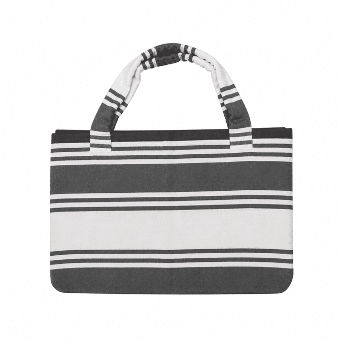 A foldable beach towel bag in grey and white stripes, featuring handles and a logo. Ideal for leisure and outdoor activities.
