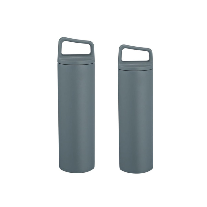 A drink bottle set in a sleek grey colour, featuring a handle and a modern design. Includes two sizes: 500ML and 600ML.