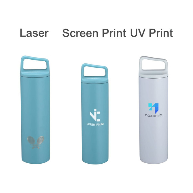 A drink bottle trio in light blue and white, featuring handles and various logo designs.