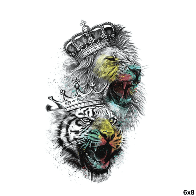 A waterproof temporary tattoo featuring a lion and tiger with crowns, illustrated in vibrant colours.
