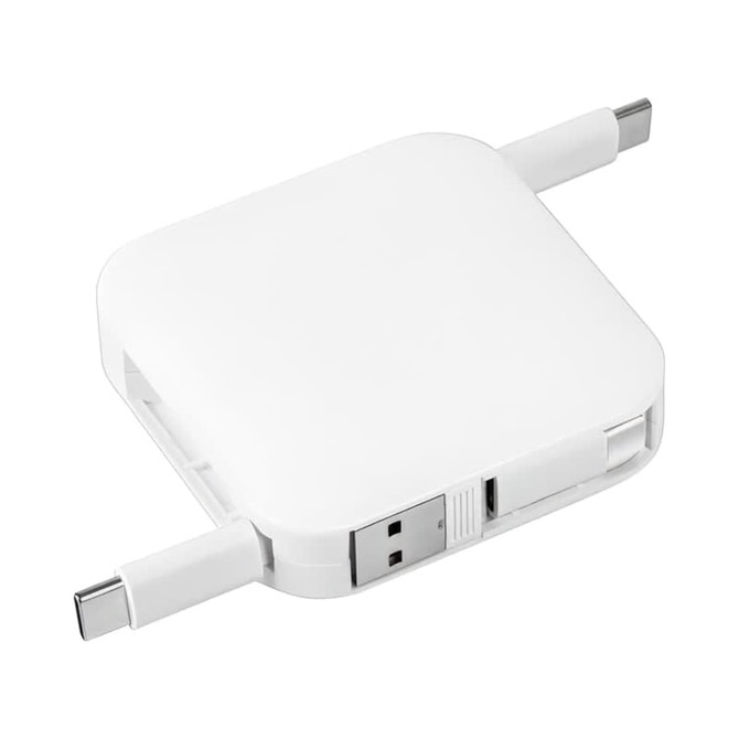 A white retractable fast charge cable with two connectors, featuring a compact, square design and a branding logo.
