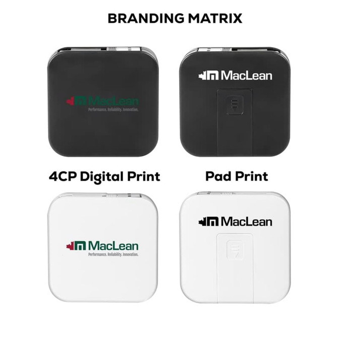 A retractable fast charge cable and stand in black and white, featuring a branding logo on each.
