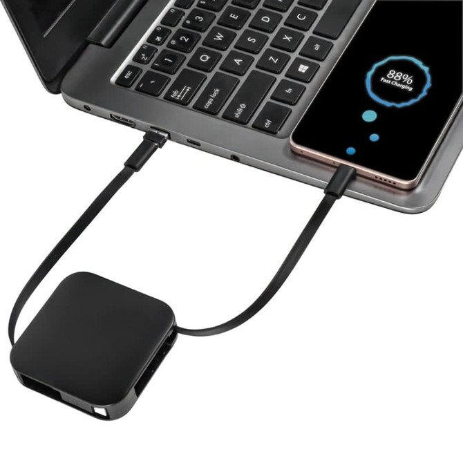 A compact black retractable fast charge cable connected to a laptop and smartphone, featuring a sleek design.