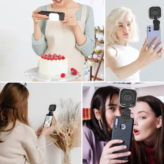 A magnetic LED selfie light in black, featuring multiple users taking selfies and illuminating their faces.