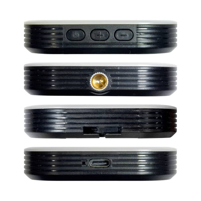 A magnetic LED selfie light in black, displaying multiple sides with buttons and a charging port.