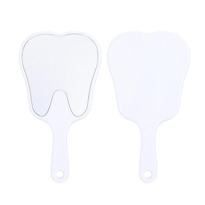 A tooth-shaped face mirror in white with a handle, featuring a smooth reflective surface and simple design.