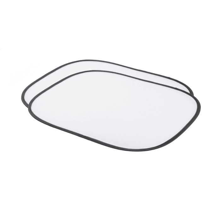 A pair of rectangular car sunshades with a black trim and a transparent mesh design.
