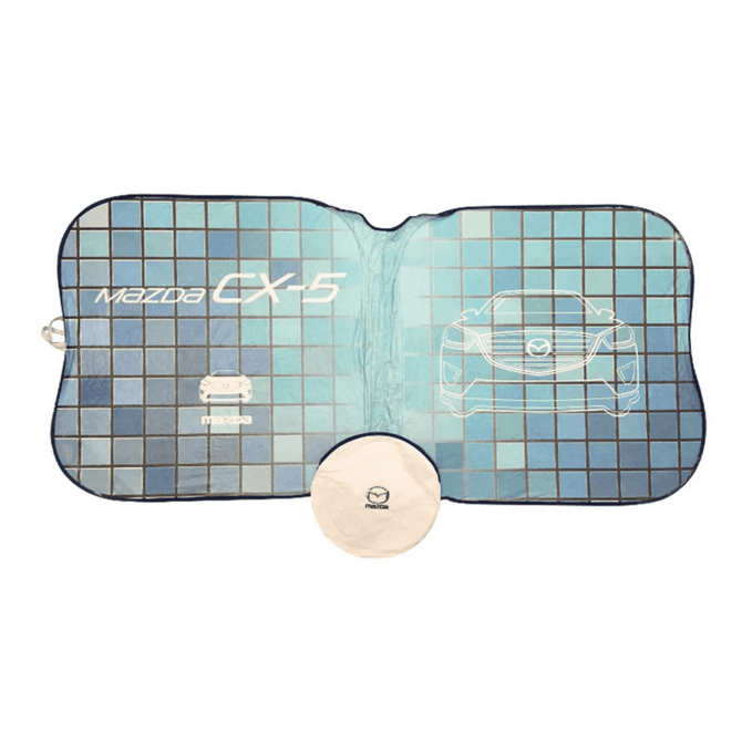 A foldable car sun visor in blue and white featuring a car design and a circular storage pouch.