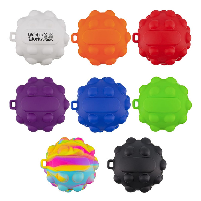 A set of Popper Balls in various colours including white, orange, red, blue, green, purple, black, and a multi-coloured style, with logos.