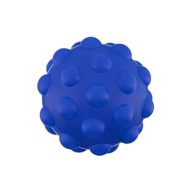 A blue textured ball featuring raised bumps, with a smooth surface and a logo on one side.