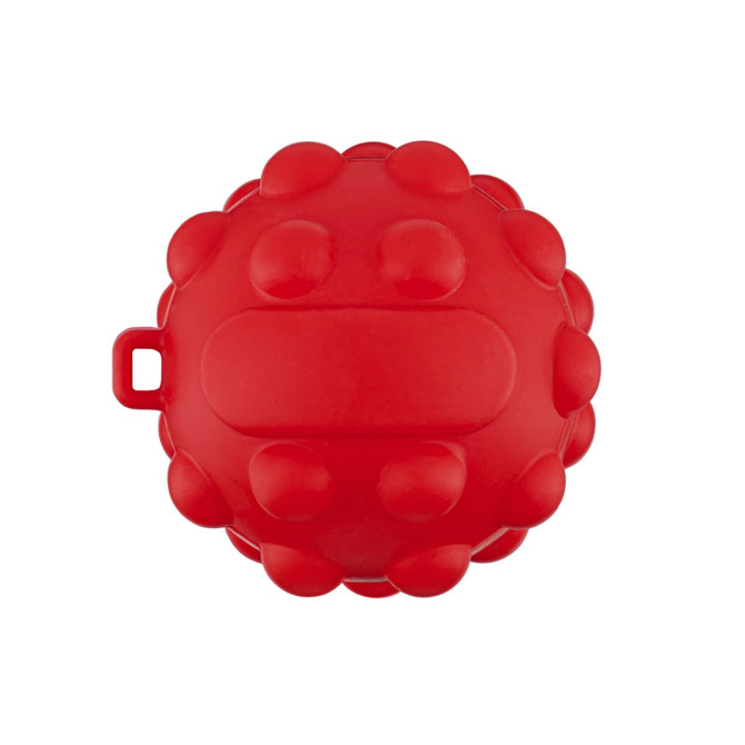 A red, round toy with a textured surface, featuring small raised bumps and a loop for attachment.