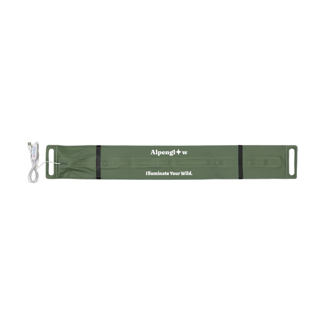 A foldable camp light in green with attachment straps and a charging cable, featuring a logo.