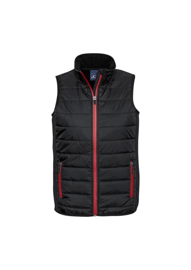 A black vest with red accents and a high collar, featuring zippered pockets and a logo.