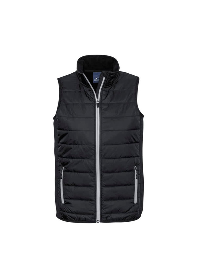 A black puffer vest with a high collar, featuring side zip pockets and a logo on the chest.