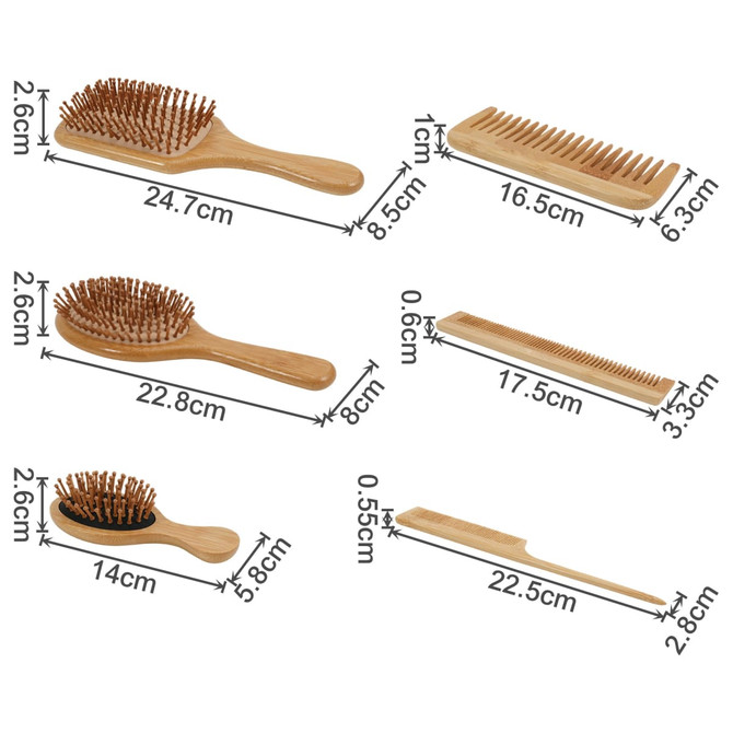 A bamboo comb hair styling tool set in natural wood tone, featuring various comb shapes and sizes, with a logo present.