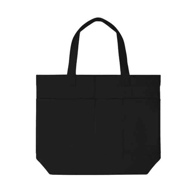 A black tote bag featuring three pockets and sturdy handles for easy carrying. It includes a logo design.