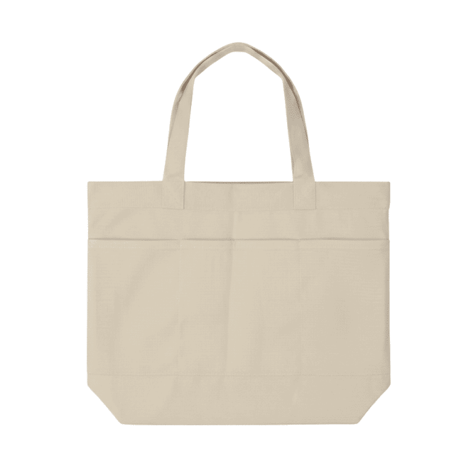 A beige tote bag with three pockets and dual handles. It features a plain design with no visible logos.