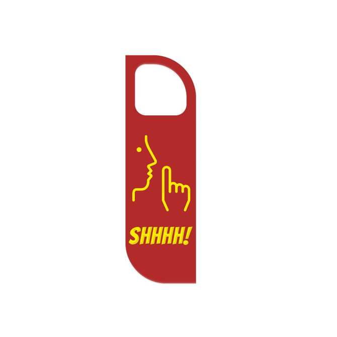 A red custom shape PVC door hanger featuring a yellow graphic of a finger to the lips, indicating silence.