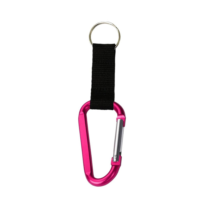 A pink carabiner keychain with a black fabric strap and a metal keyring attached. It features a logo.