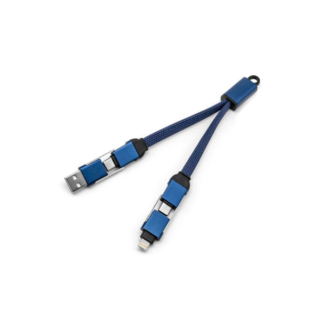 A braided charging cable with blue accents, featuring two connectors and a keyring attachment.