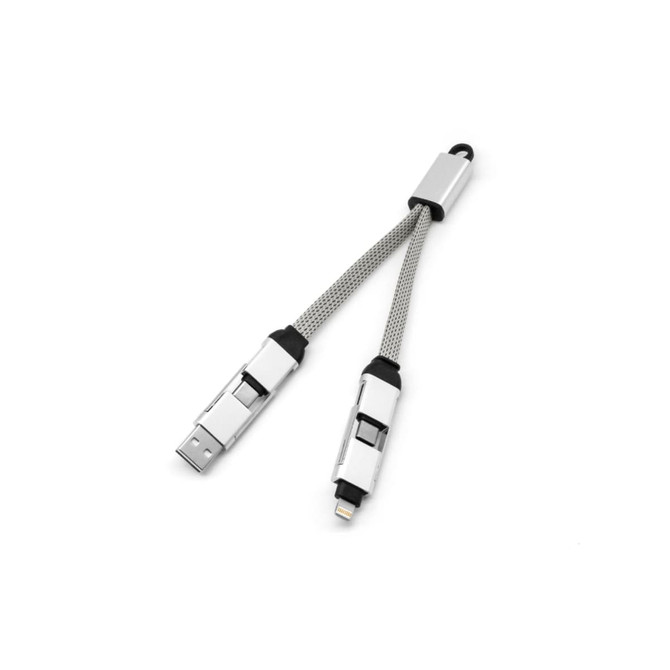 A braided 60W 4-in-1 charging cable with a keyring, featuring silver and black components.