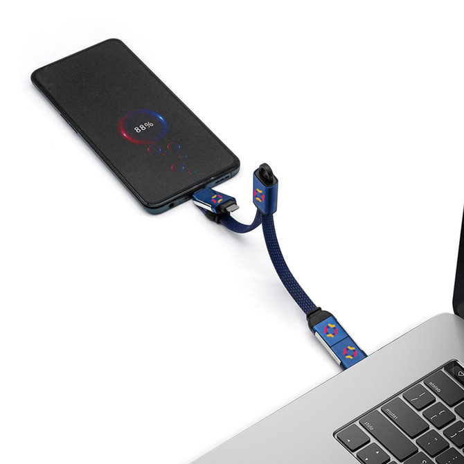A braided 60W 4-in-1 charging cable in blue, connecting a smartphone to a laptop. Comes with a keyring.