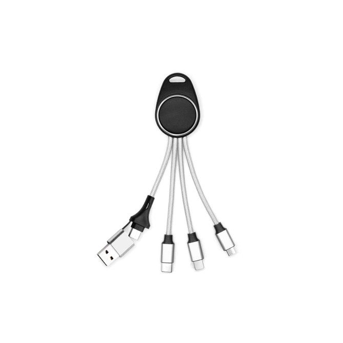 A 6-in-1 light-up charging cable in black, featuring multiple connectors for various devices. It has a logo on its design.