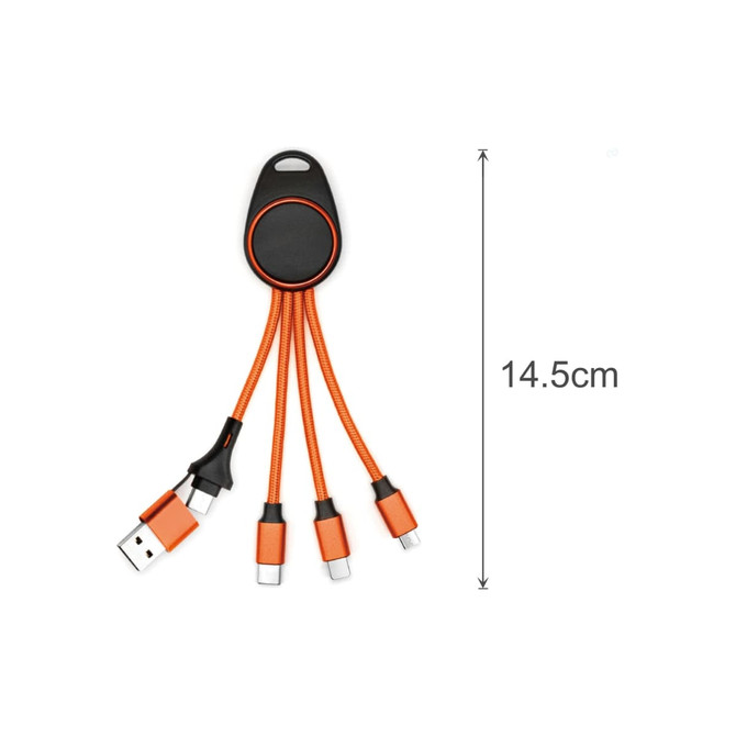 A 6-in-1 light-up charging cable in black and orange with multiple connectors, including USB and various charging tips.